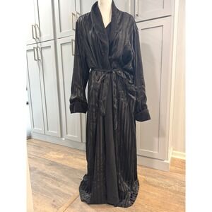 Nordstrom Intimates Black Satin Stripe Fleece Lined Long Belted Robe 2X/3X